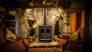 Una habitación acogedora con una chimenea de piedra, dos sillones estampados y una alfombra roja.