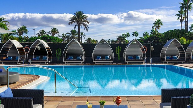 Un área de piscina con sillones de descanso y sombrillas, rodeada de palmeras y un cielo despejado.