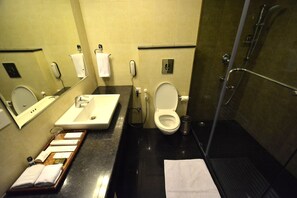 Shower, rainfall showerhead, designer toiletries, hair dryer