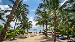 Une plage bordée de palmiers, avec des chaises de plage et des fauteuils en forme de sac.