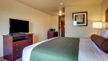Una habitación de hotel con una cama, un televisor sobre una cómoda de madera, un cuadro en la pared y una lámpara de noche.