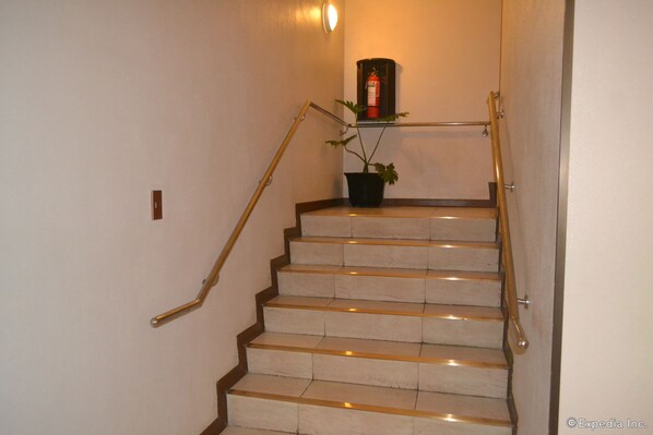 A staircase with a handrail, a potted plant, and a fire extinguisher mounted on the wall. - Microtel by Wyndham General Santos (General Santos)