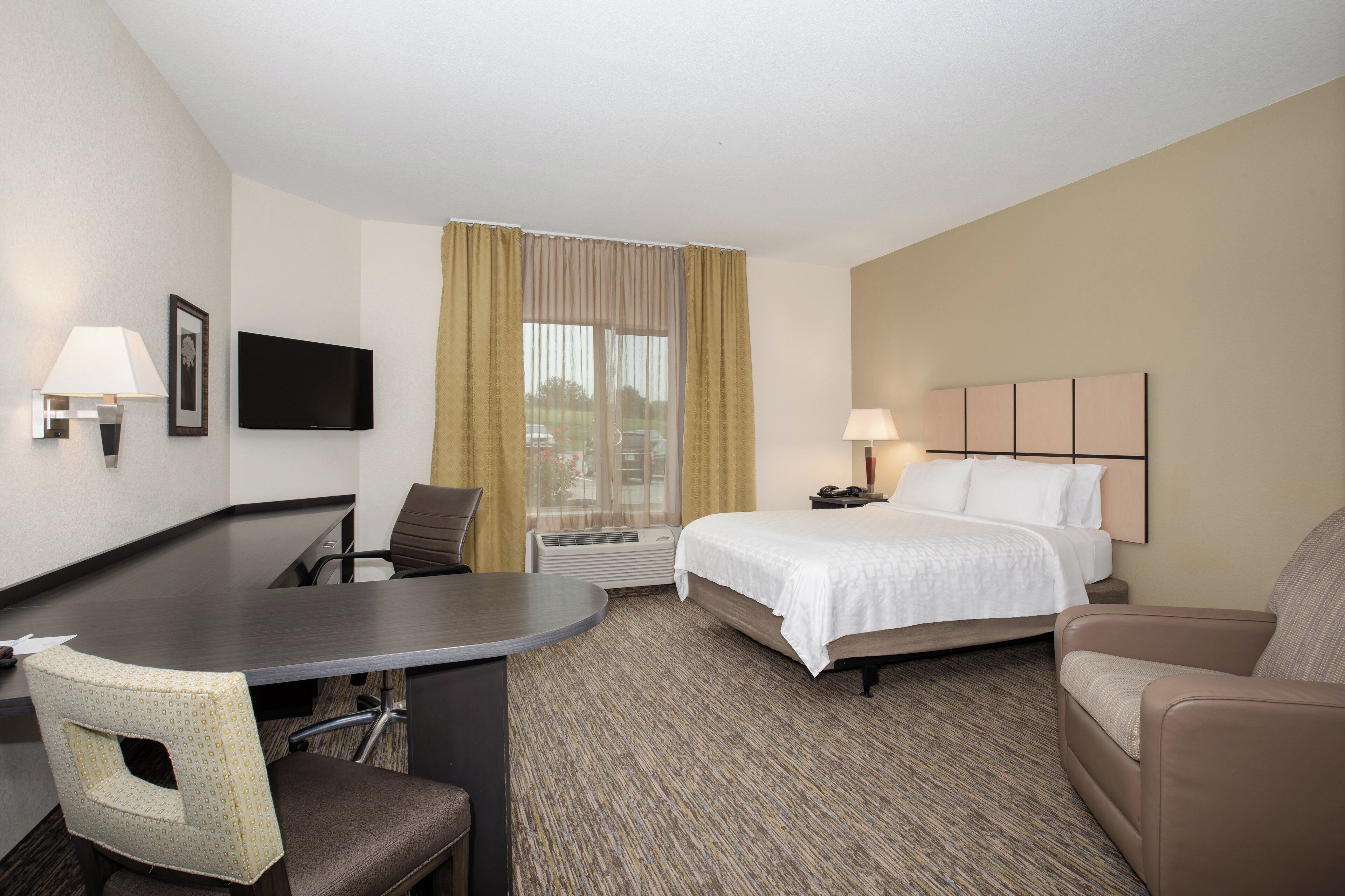 A hotel room with a bed, a desk, a chair, a sofa, a TV, and a window with curtains.