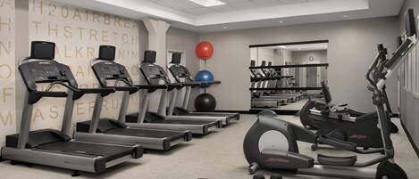 A gym with treadmills, elliptical machines, and free weights.