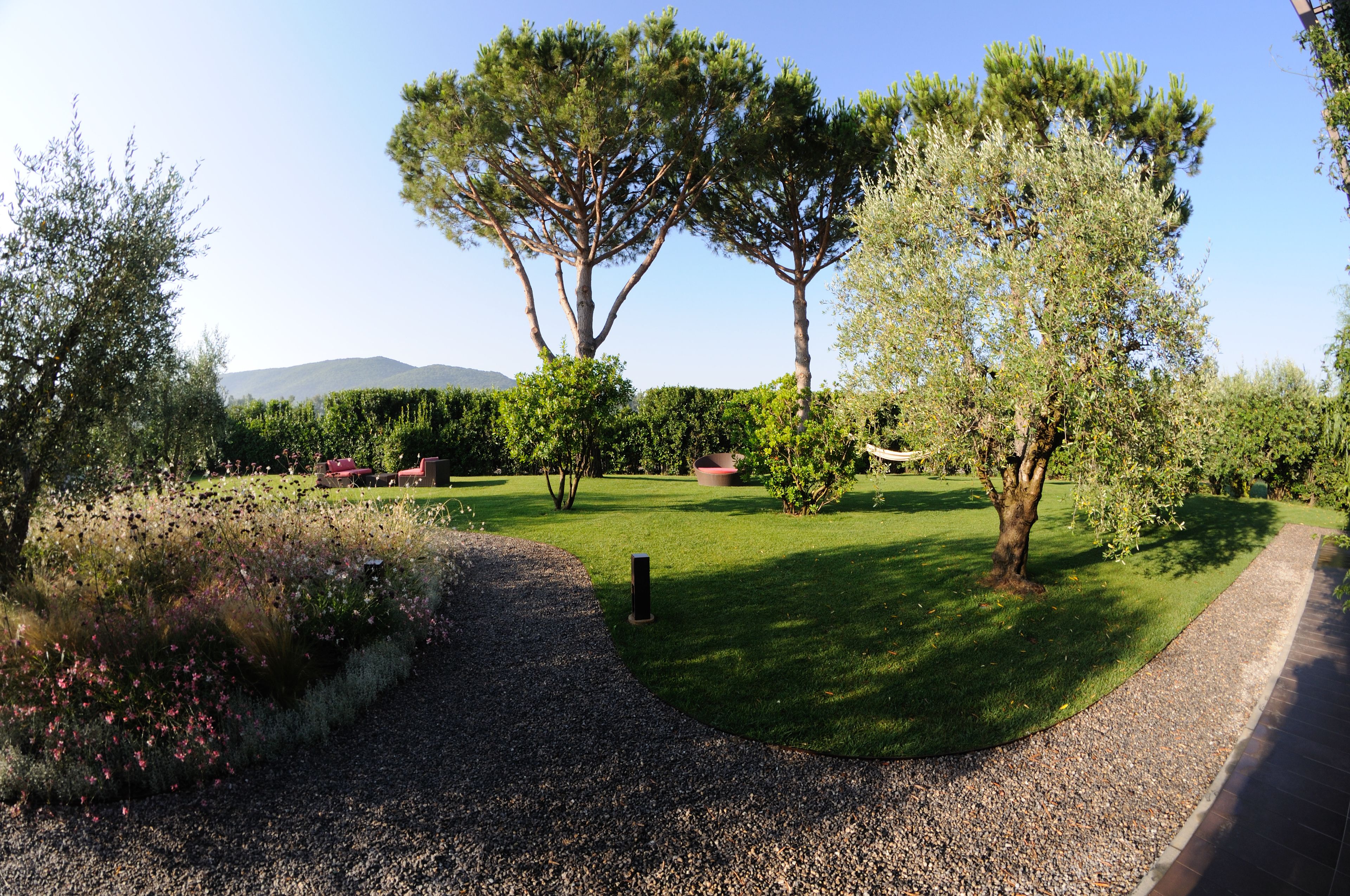 A landscaped garden with a gravel path, neatly trimmed hedges, and a variety of trees.