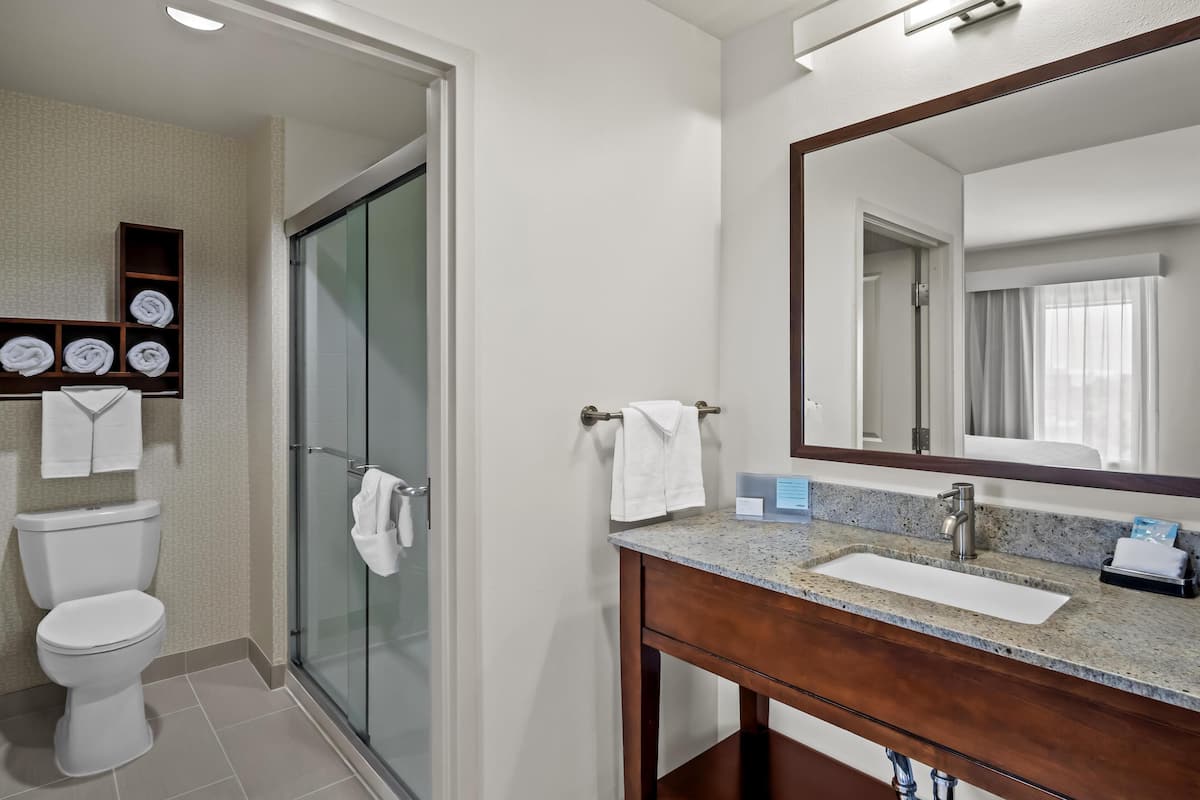 A modern bathroom with a glass shower, a toilet, a sink with a mirror, and a towel rack.