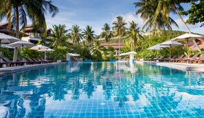 Outdoor pool, pool umbrellas, pool loungers