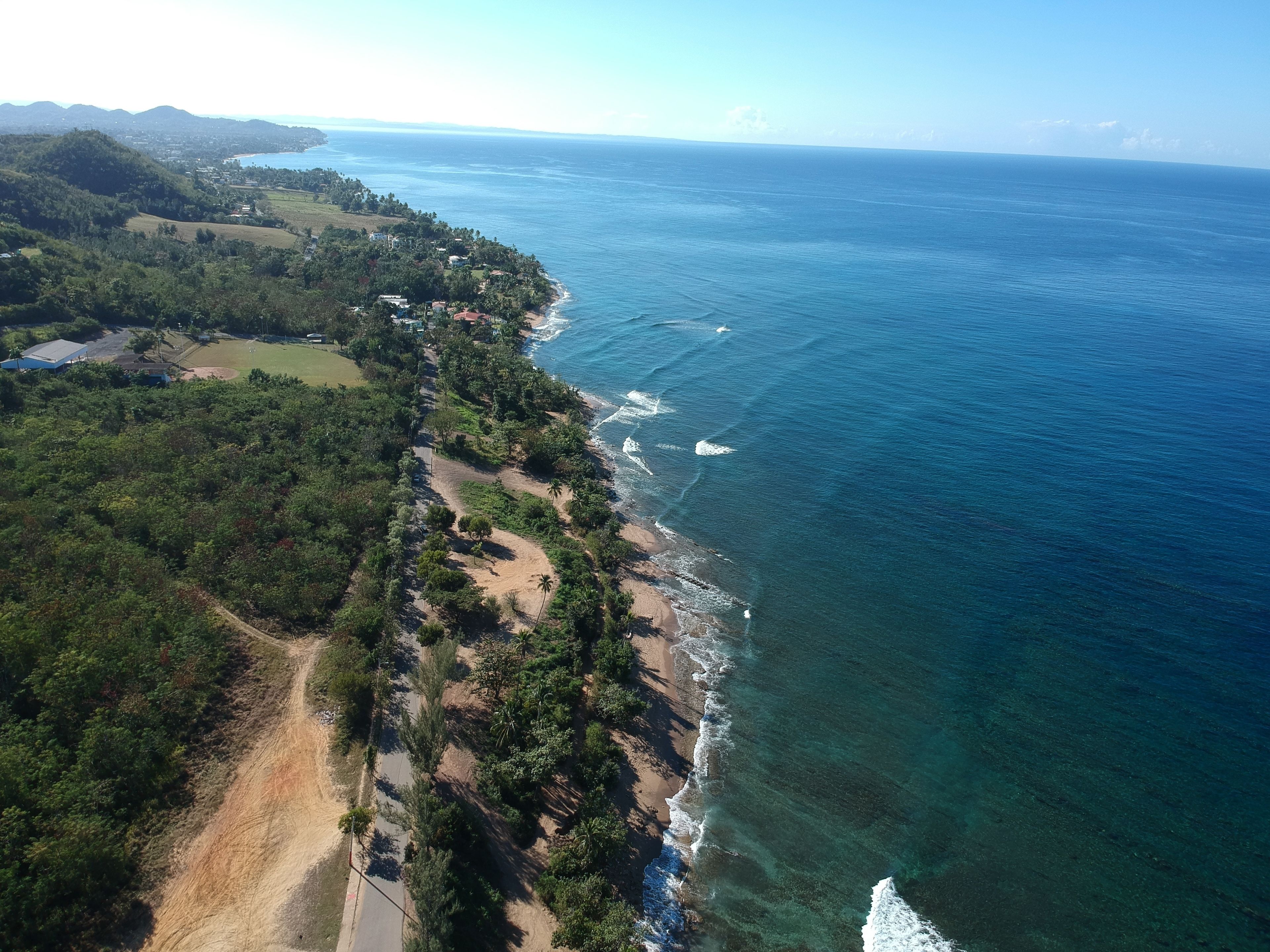An aerial view of a coastal area with a beach, dense vegetation, and a clear view of the ocean.