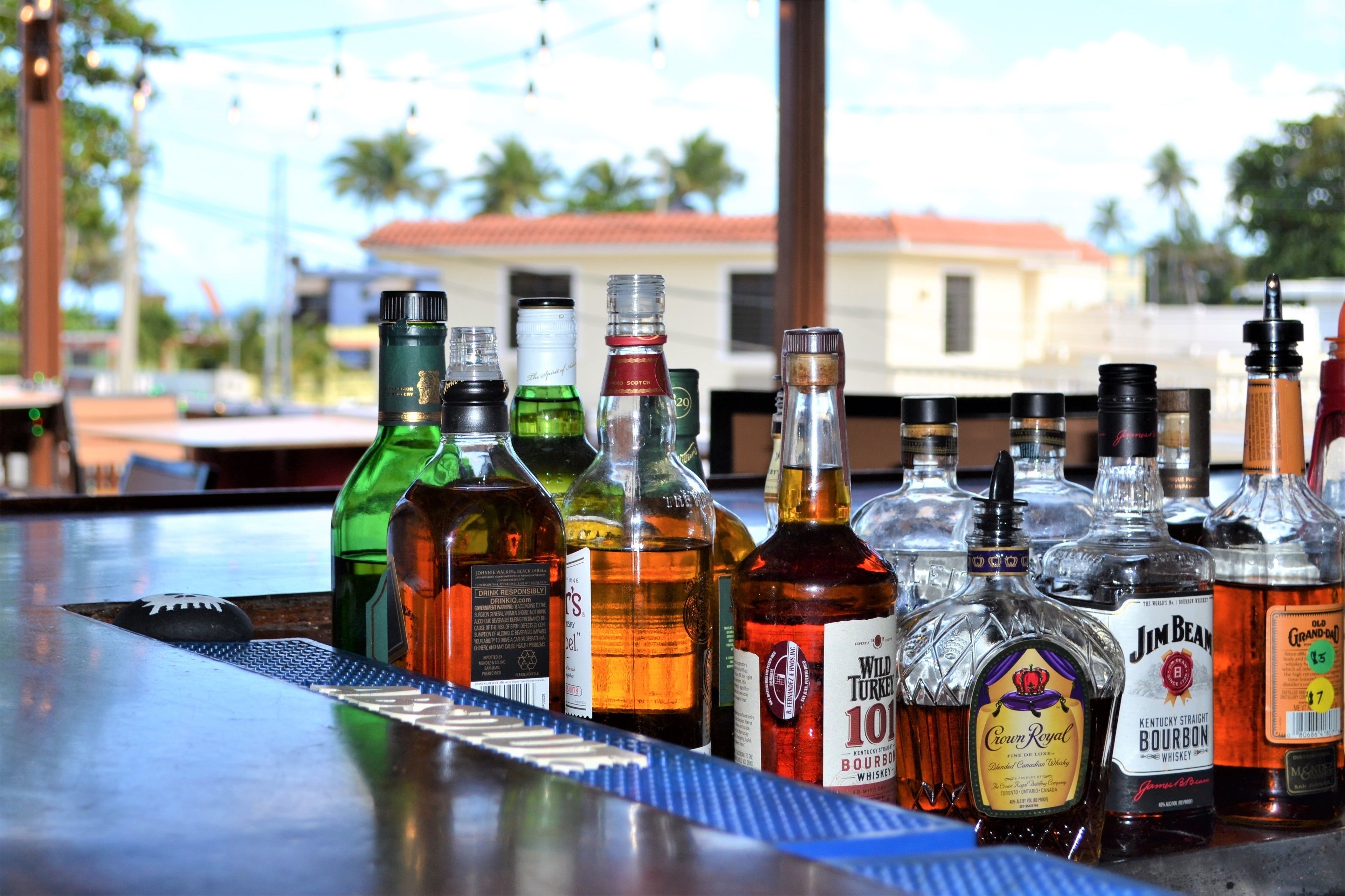 A bar with various liquor bottles, including Wild Turkey 101 and Jim Beam, with a view of a building and palm trees in the background.