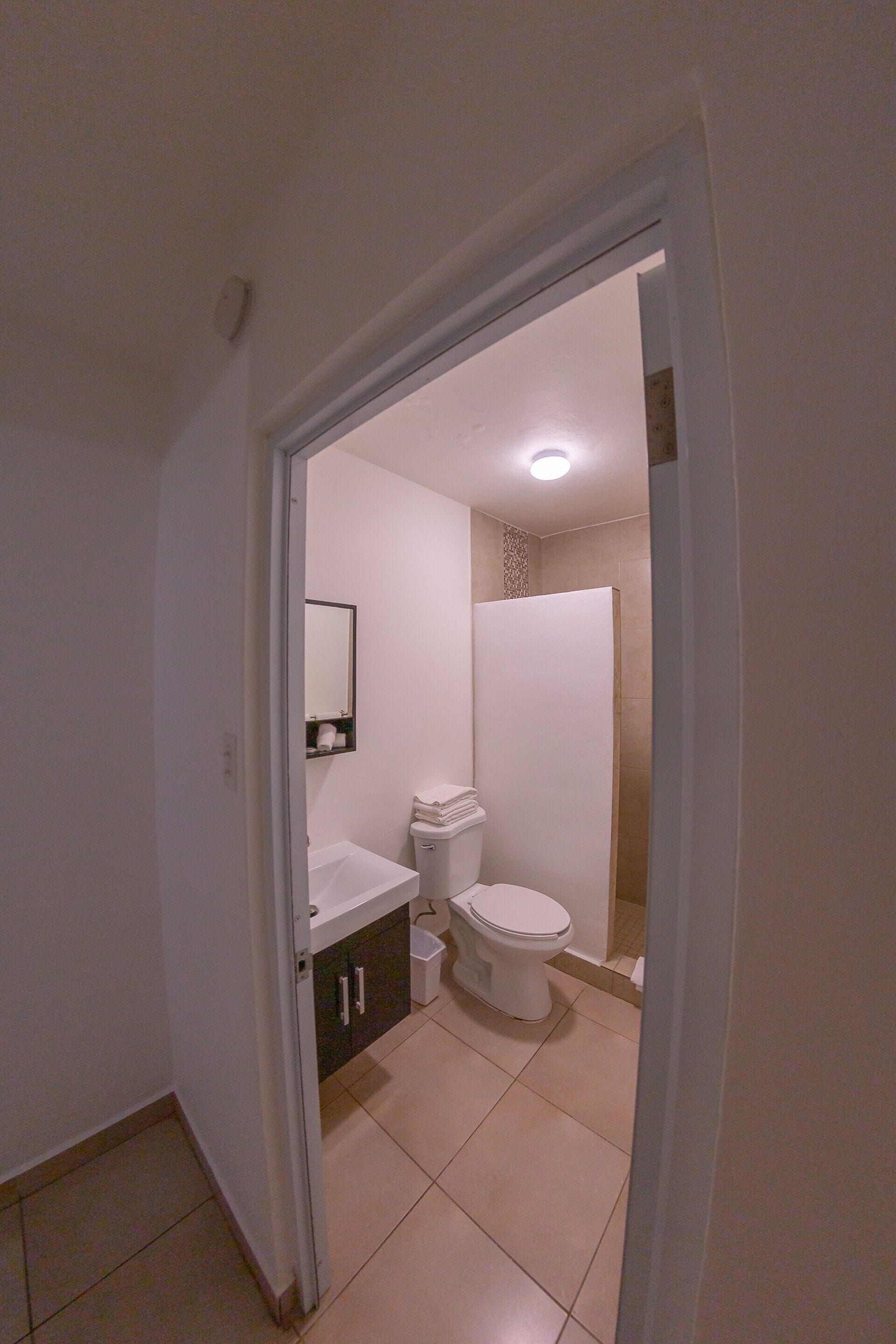 deluxe double room | bathroom | shower, free toiletries, hair dryer, towels