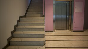 A staircase leading to an elevator in a building with a pink wall.