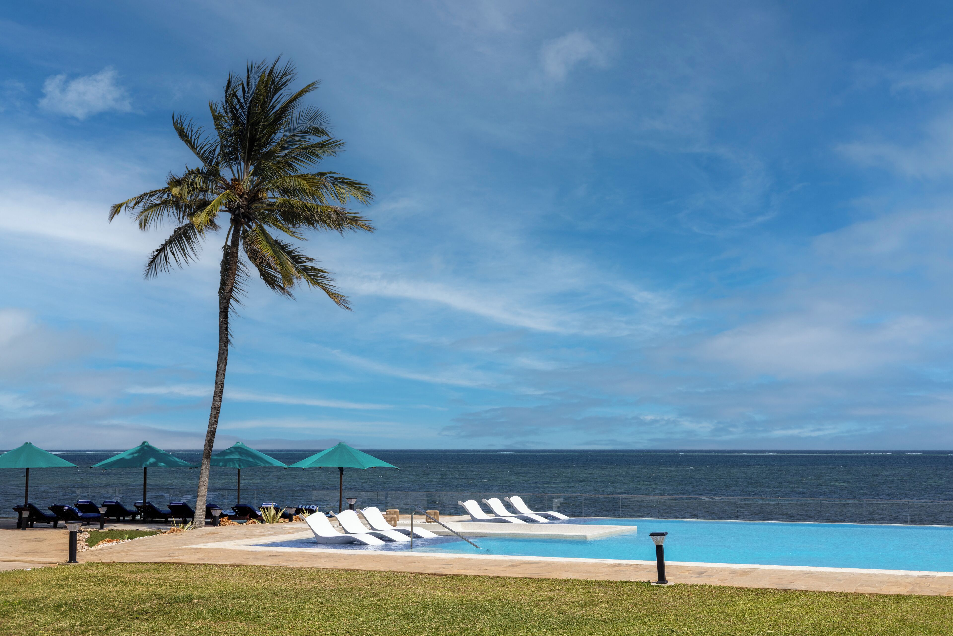 A poolside area with lounge chairs and umbrellas, a palm tree, and a view of the ocean.