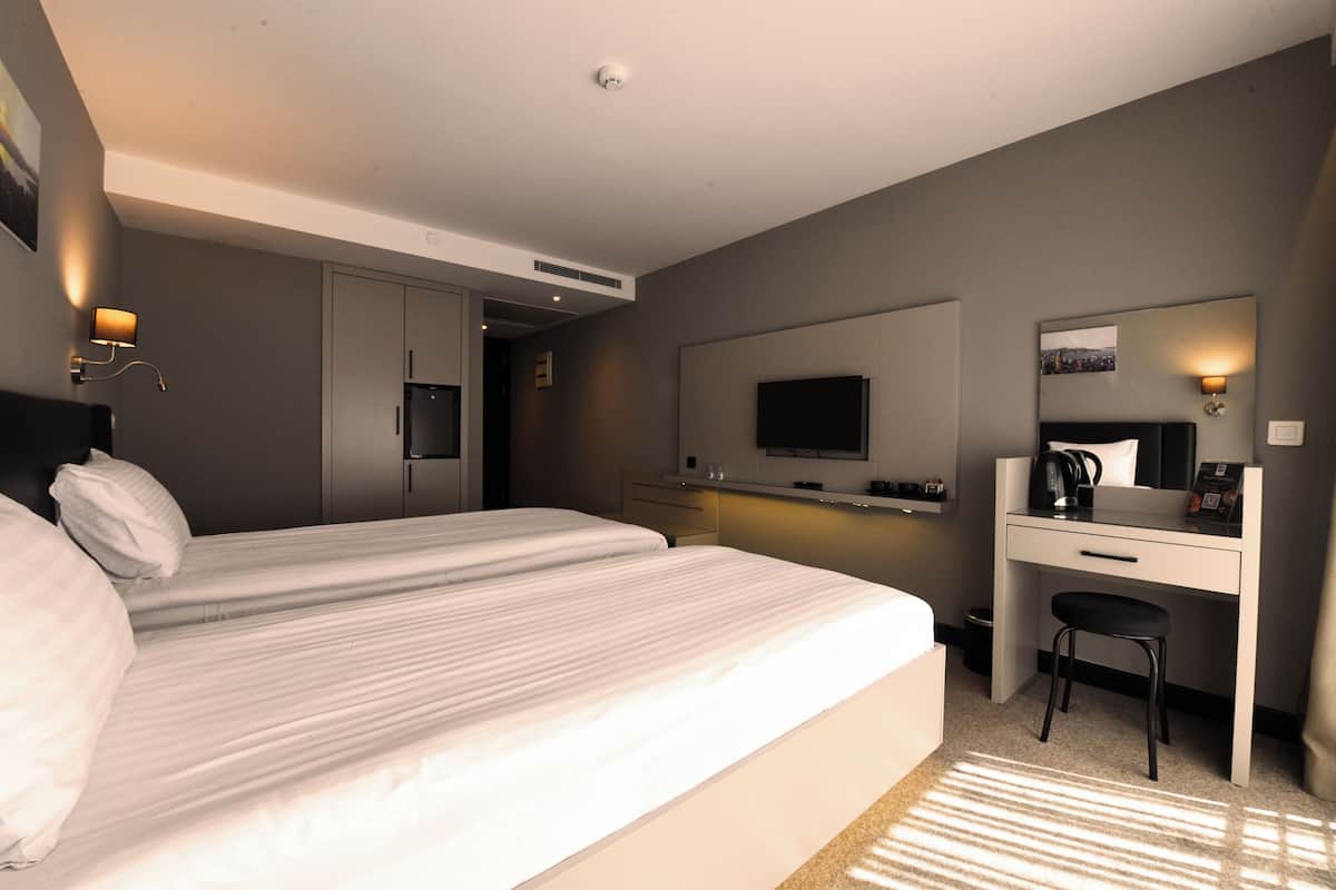 A hotel room with a large bed, a desk with a chair, a television, and a mirror.