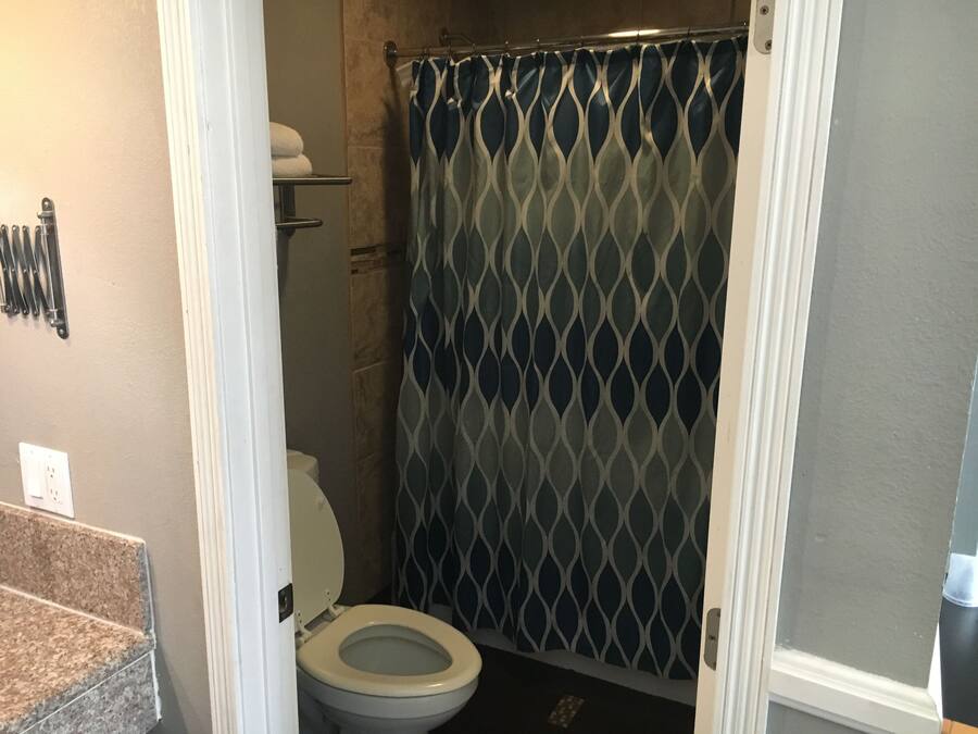 Un bagno piccolo con un WC, una tenda da doccia e un porta asciugamani.