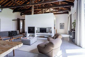 Loft de diseñador | Área de sala de estar | Televisión LCD y chimenea 