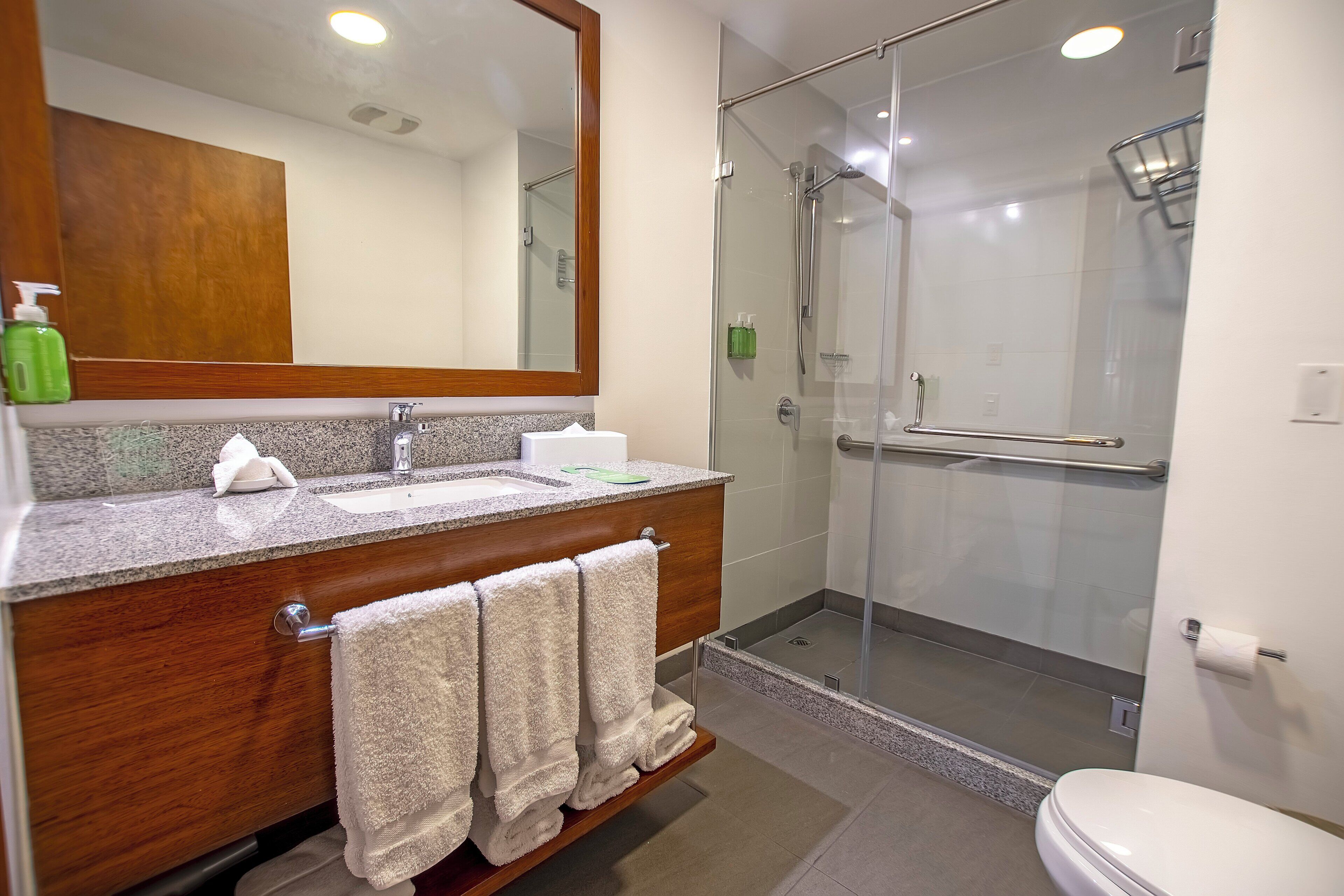 A modern bathroom with a granite countertop, wooden vanity, and a glass-enclosed shower.