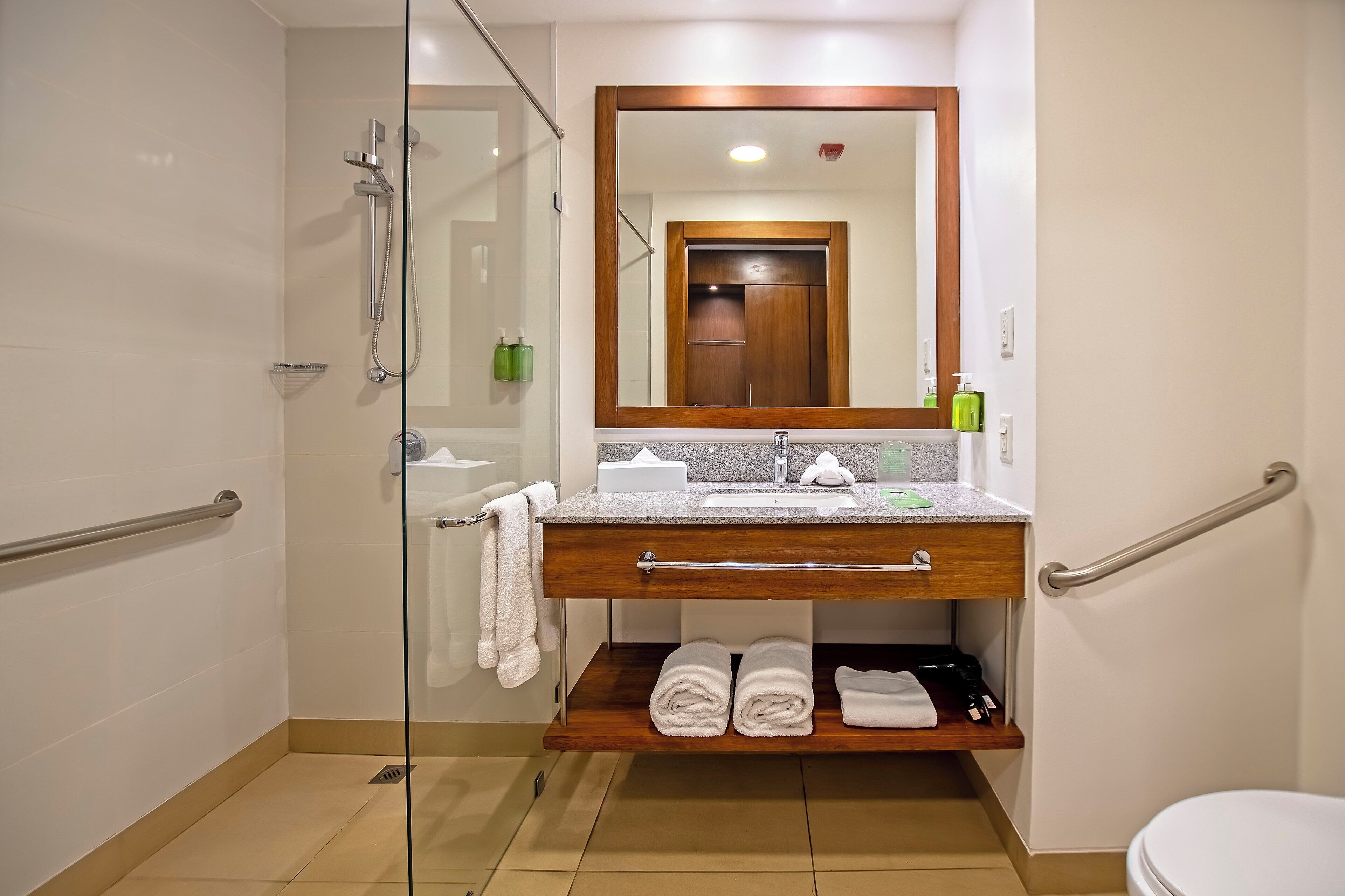 standard room | bathroom | shower, free toiletries, hair dryer, towels