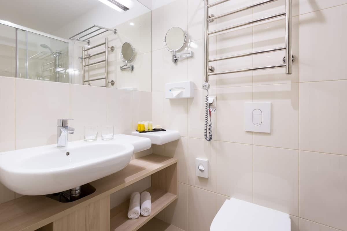 free toiletries, hair dryer, towels, soap