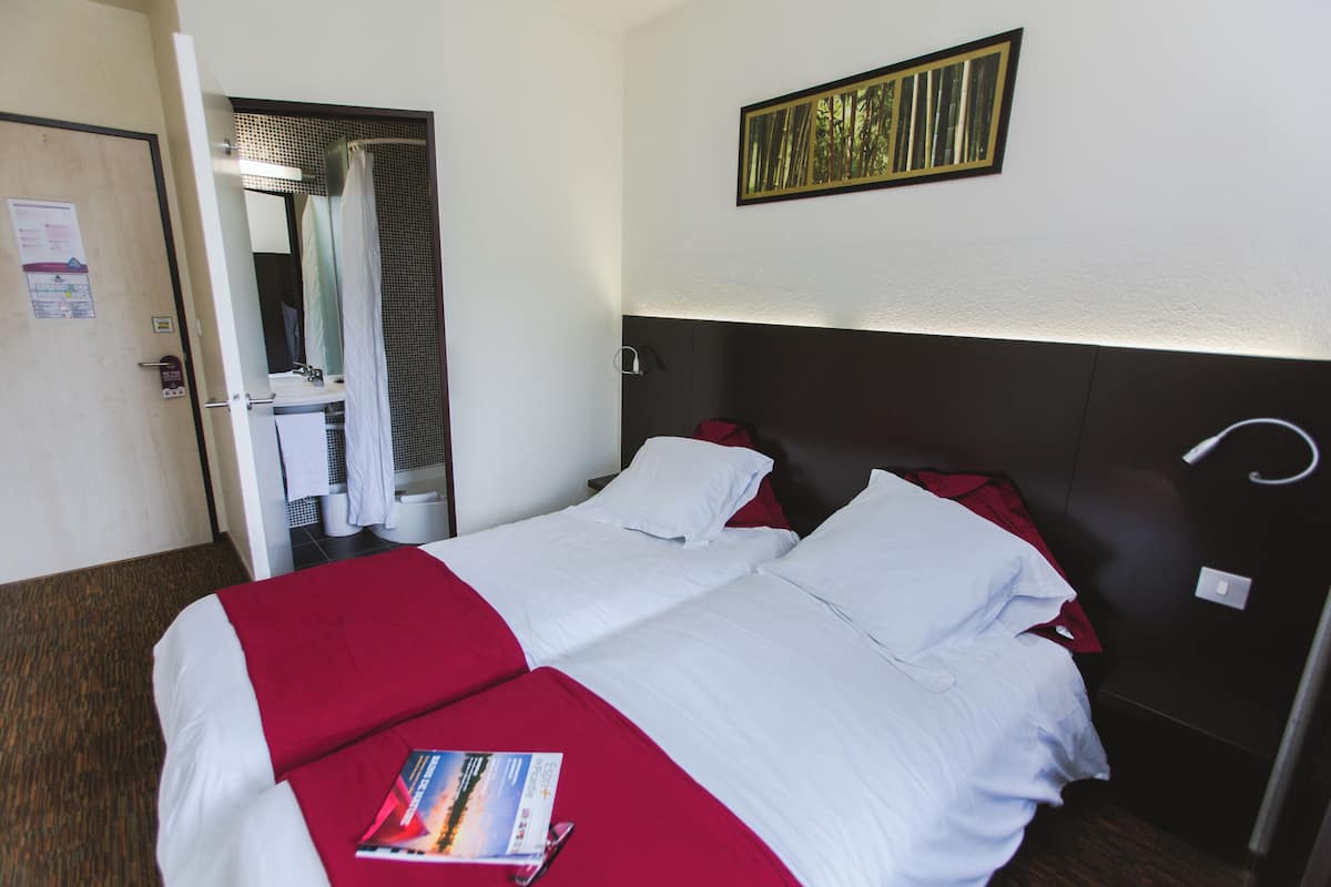 Ein Hotelzimmer mit zwei Betten, einer Duschkabine und einem an der Wand hängenden Kunstwerk.