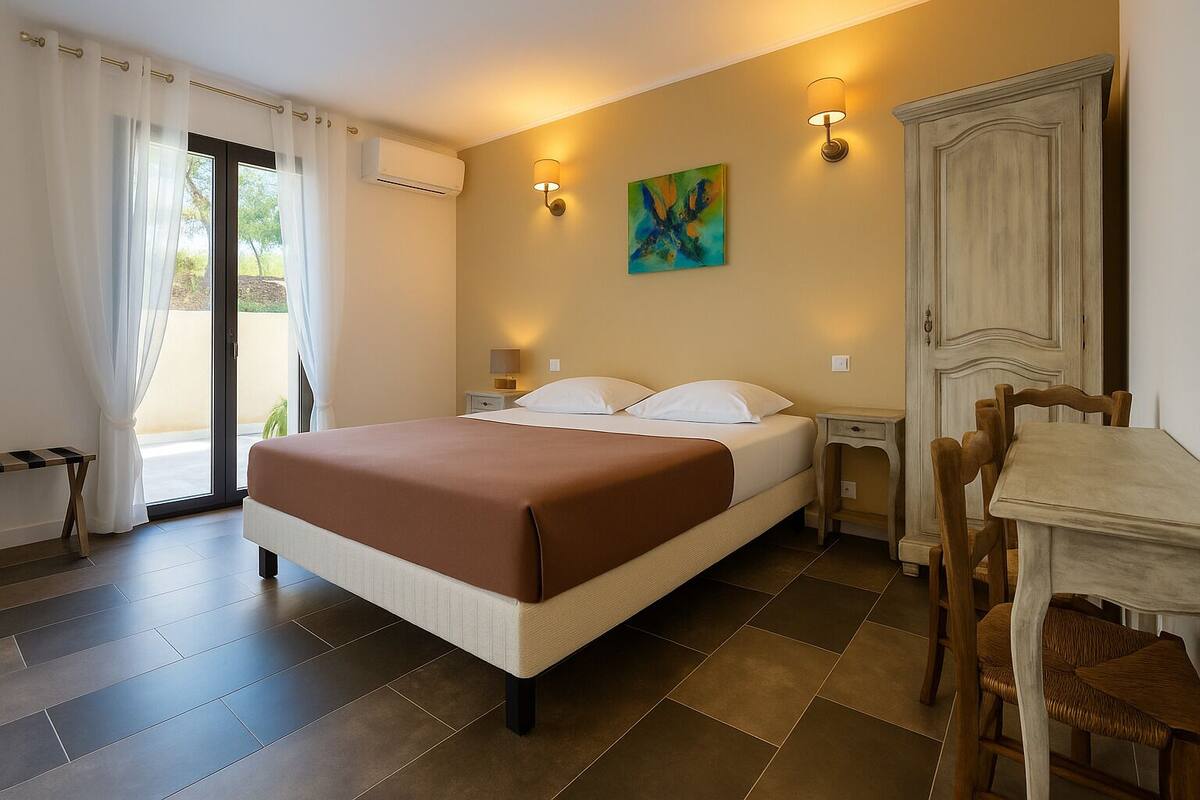 A hotel room with a bed, a table, chairs, a painting, and a door.