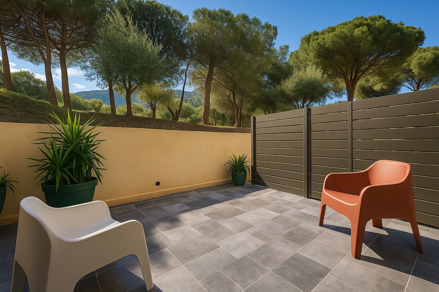An outdoor patio with two chairs, a low wall, and a gate.