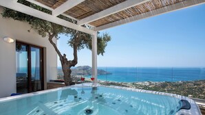 Un bain à remous offrant une vue dégagée sur la mer et un arbre.