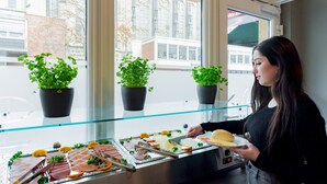 Un buffet proposant une variété de plats et agrémenté de plantes en pot.