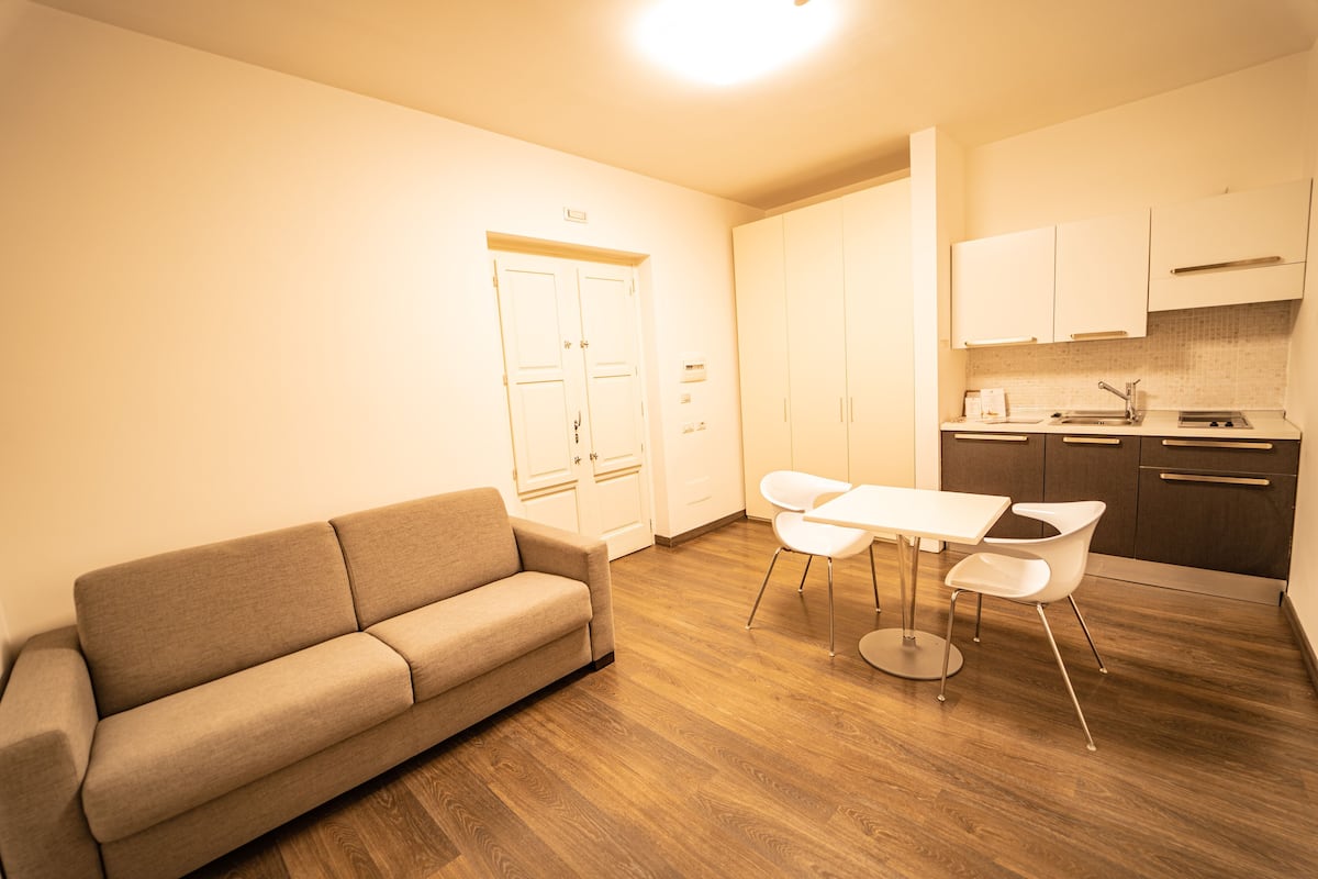 A modern living room with a sofa, a dining table with chairs, and a kitchen area with cabinets and appliances.