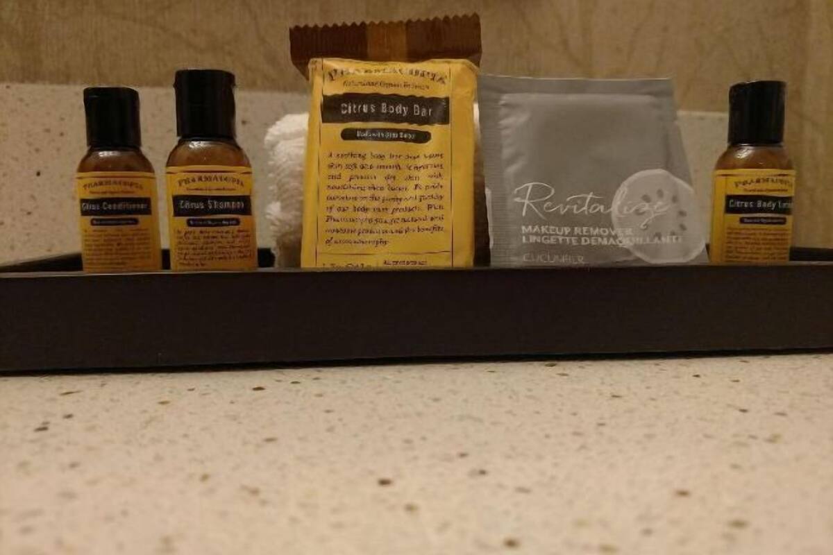 Duschwanne, kostenlose Toilettenartikel, Haartrockner, Handtücher