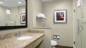 A modern bathroom with a granite countertop sink, a large mirror, a framed picture on the wall, and a glass shower enclosure.