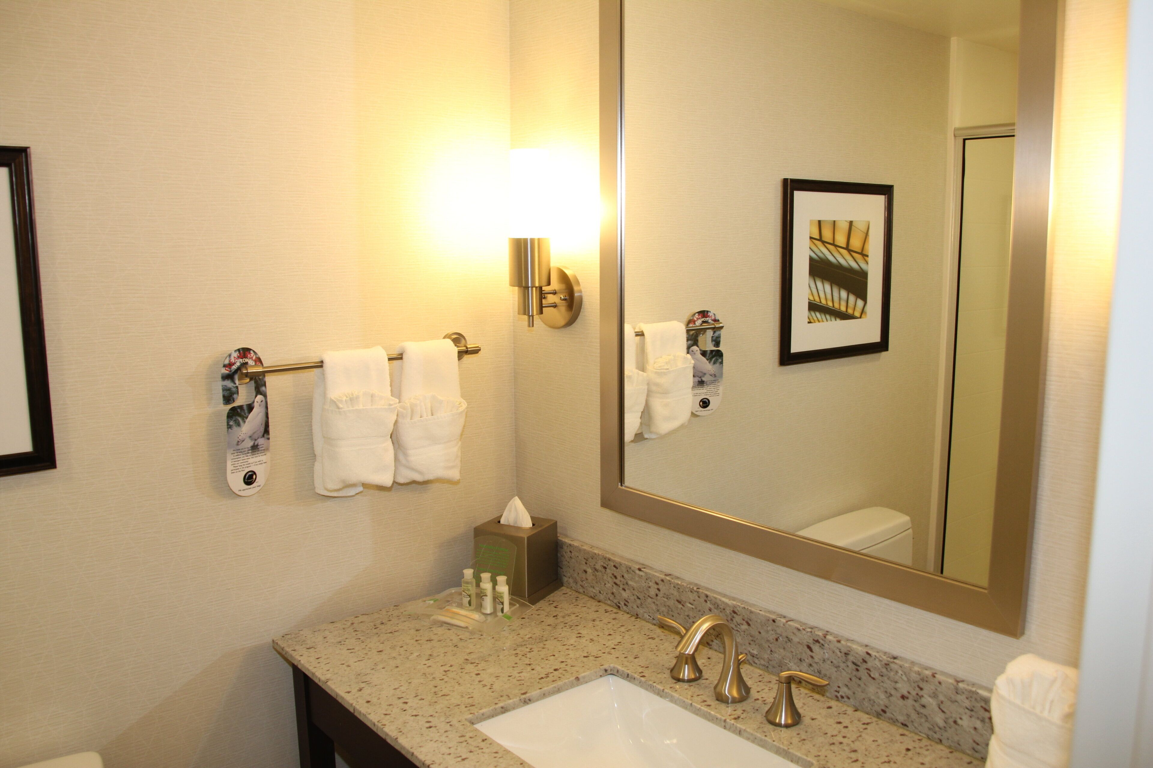 A hotel bathroom with a large mirror, two sinks, a towel rack with towels, a soap dispenser, and a framed picture on the wall.