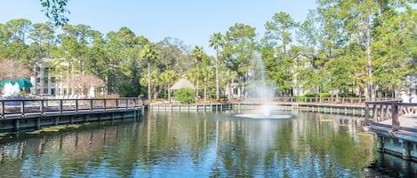 A tranquil park with a central fountain, surrounded by lush greenery and a bridge.