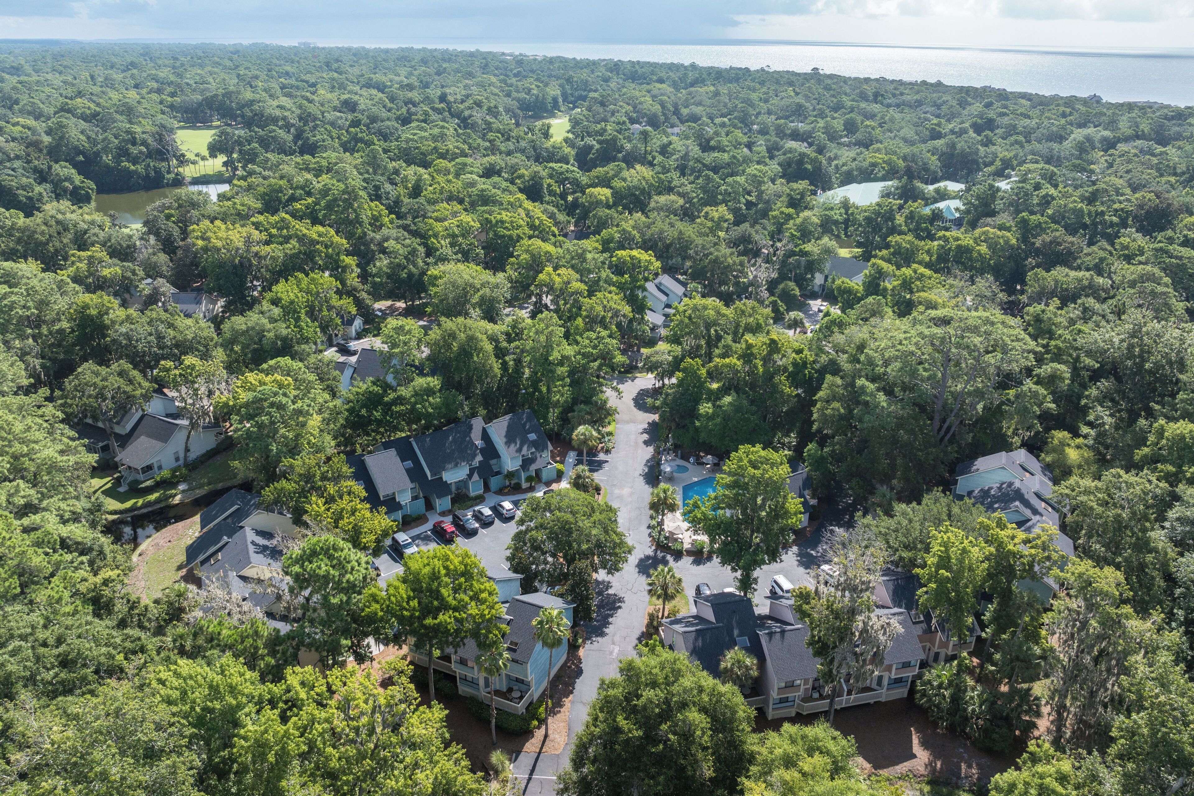A residential area with houses surrounded by dense greenery and a body of water in the background.