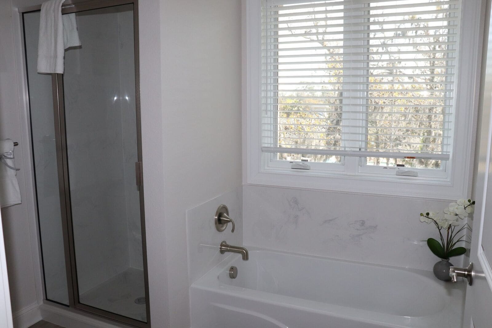 A bathroom with a glass shower enclosure, a bathtub, and a window with blinds.