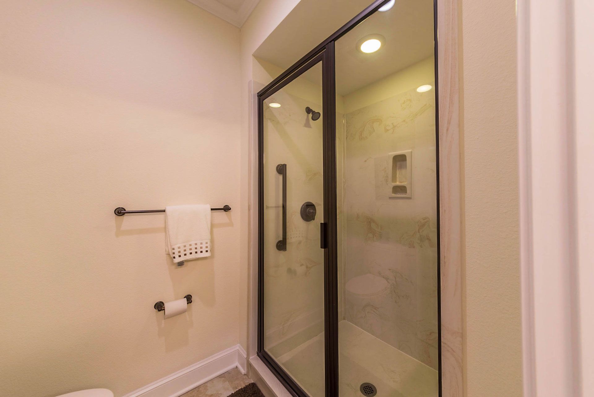 A glass-enclosed shower with a glass door, a towel rack with a white towel, and a toilet paper holder.