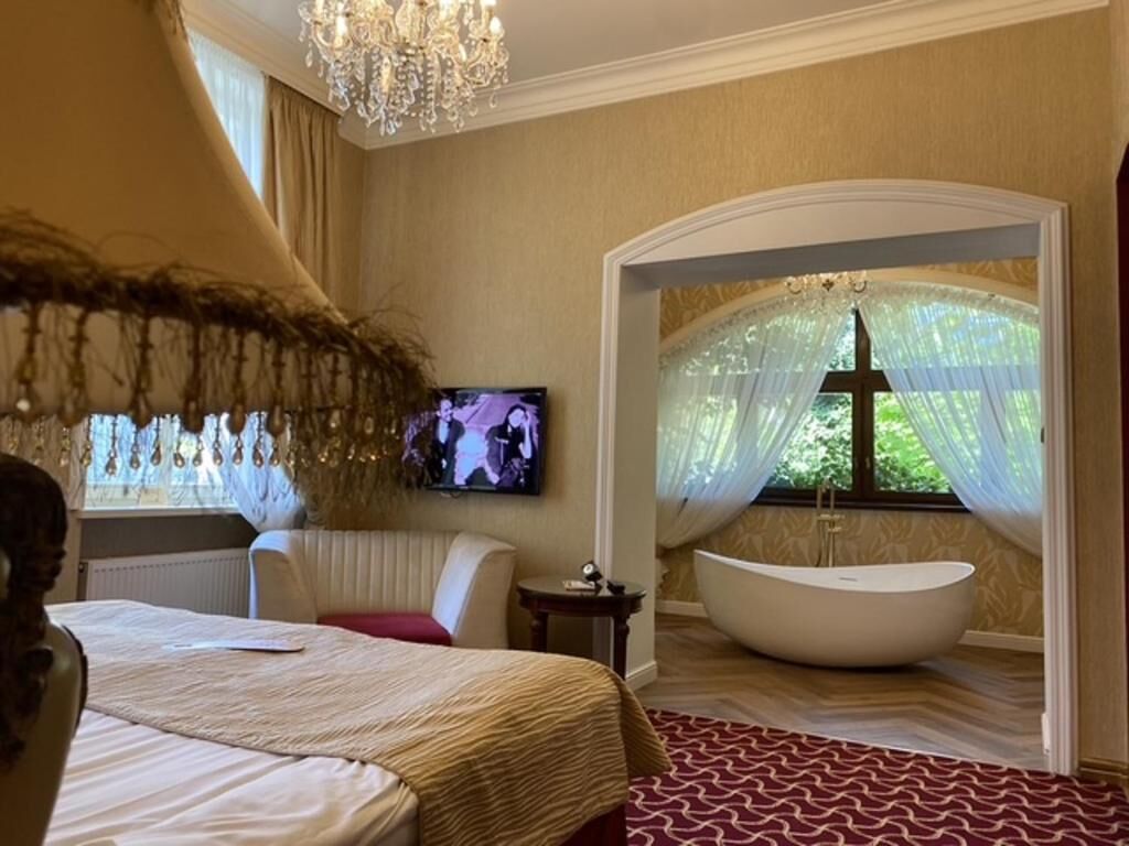 Habitación de hotel con una cama grande, televisión, bañera y vistas a zonas verdes a través de una ventana con cortinas translúcidas.