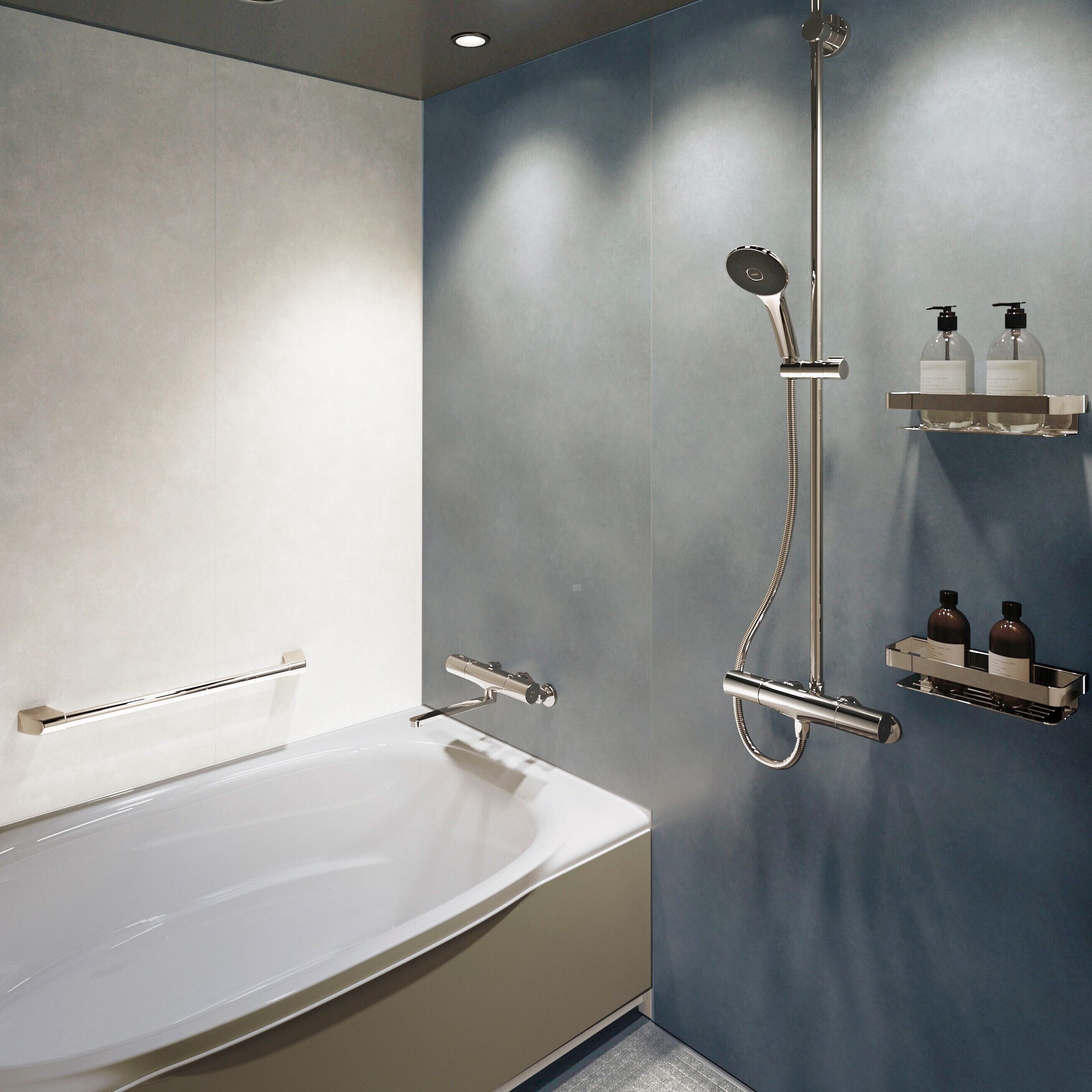Une salle de bain moderne avec une baignoire sur pieds, une douchette à main et deux distributeurs de savon fixés sur une étagère murale.