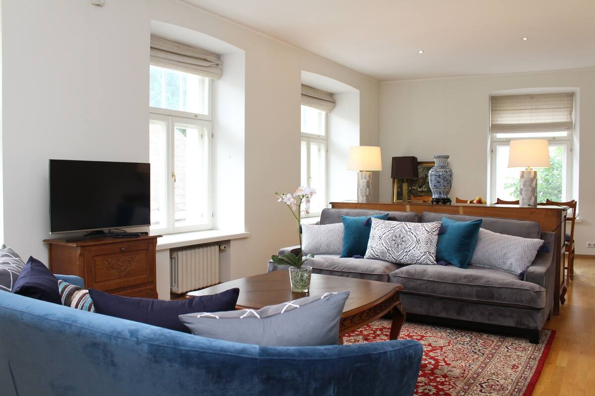 Un salon avec un canapé gris, un fauteuil bleu, une table basse en bois et un téléviseur à écran plat posé sur un meuble.