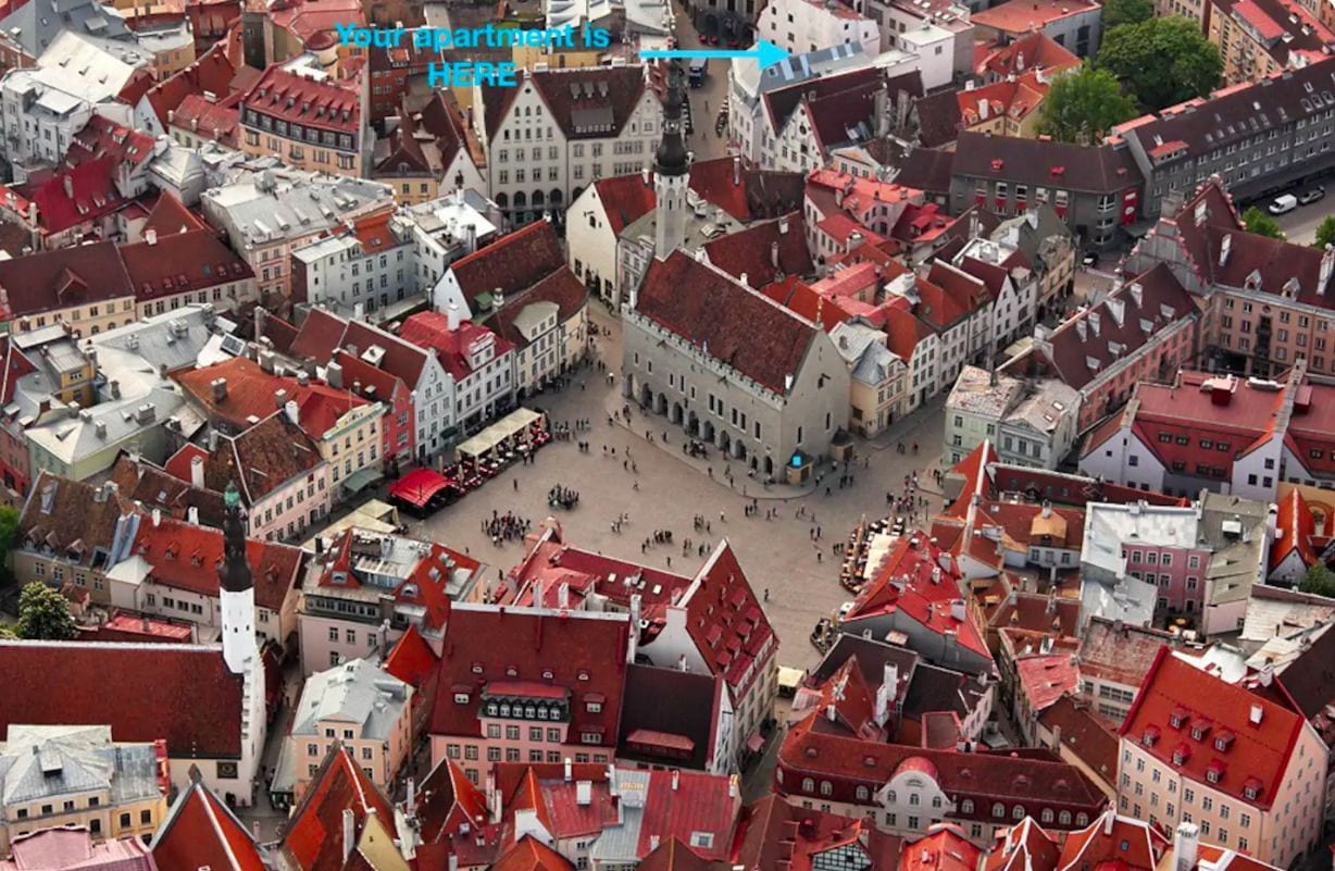 An aerial view of a historic town square surrounded by buildings with red roofs.