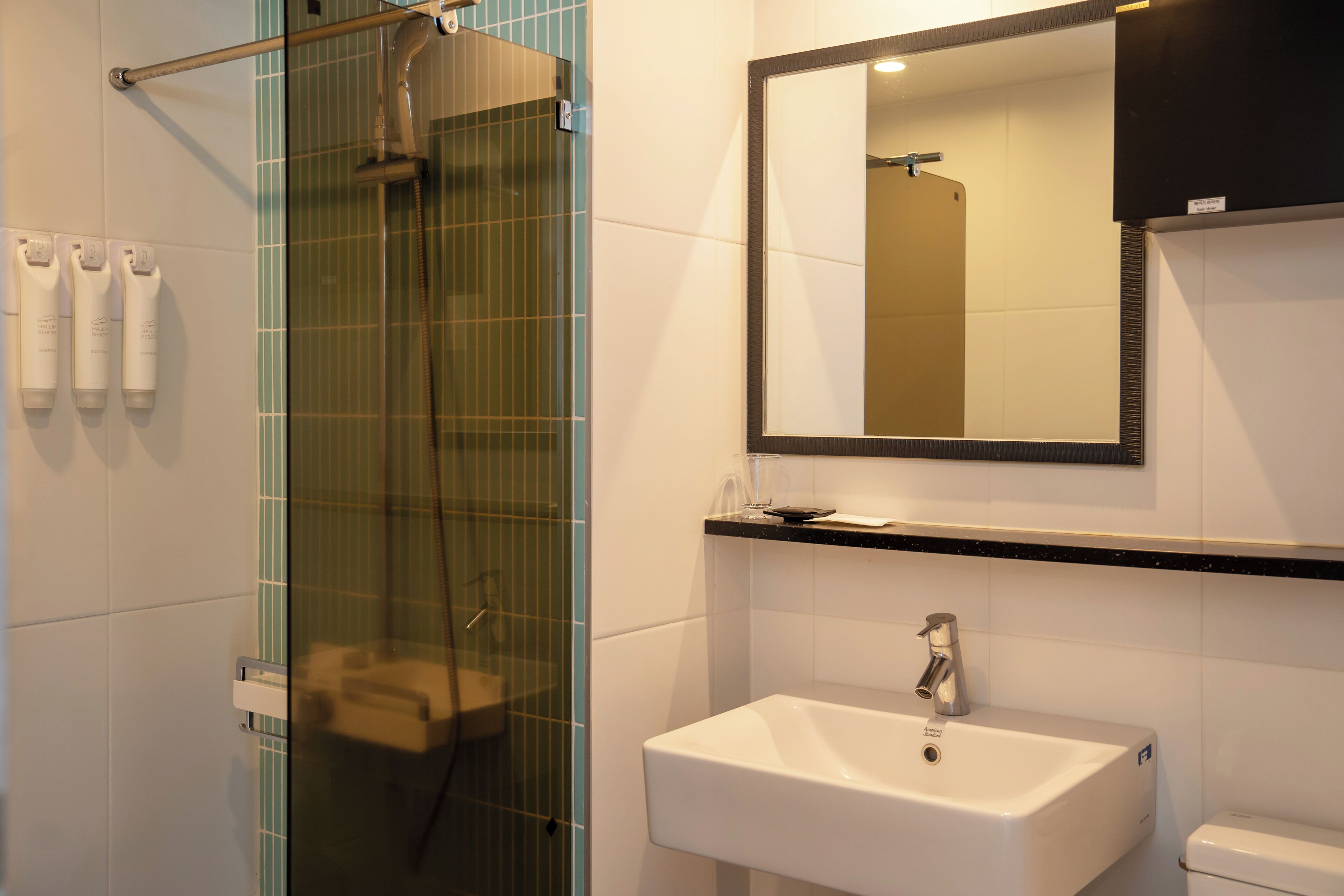 shower, hair dryer, bathrobes, slippers