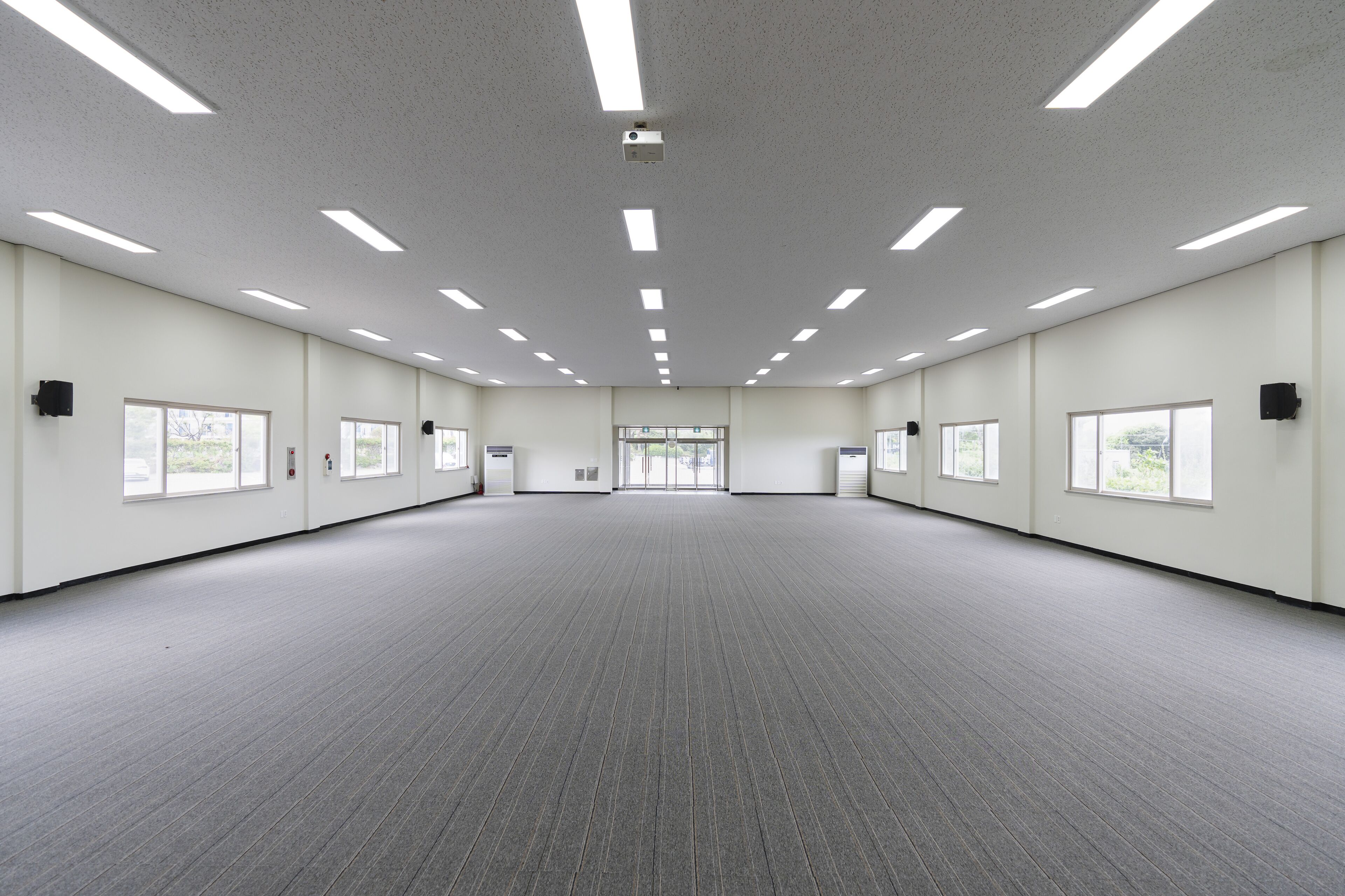 Una amplia y luminosa sala de conferencias con alfombra gris, paredes blancas y varias ventanas que ofrecen luz natural.