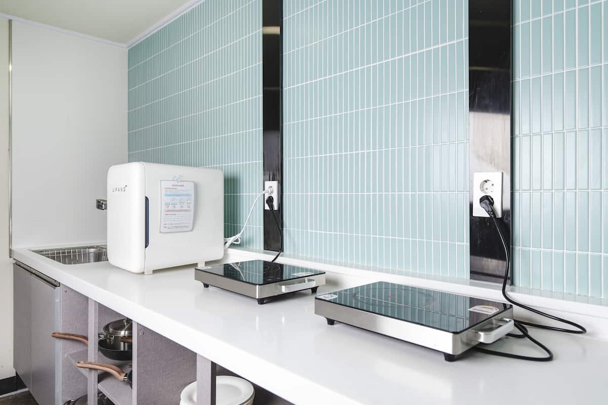 fridge, microwave, dining tables