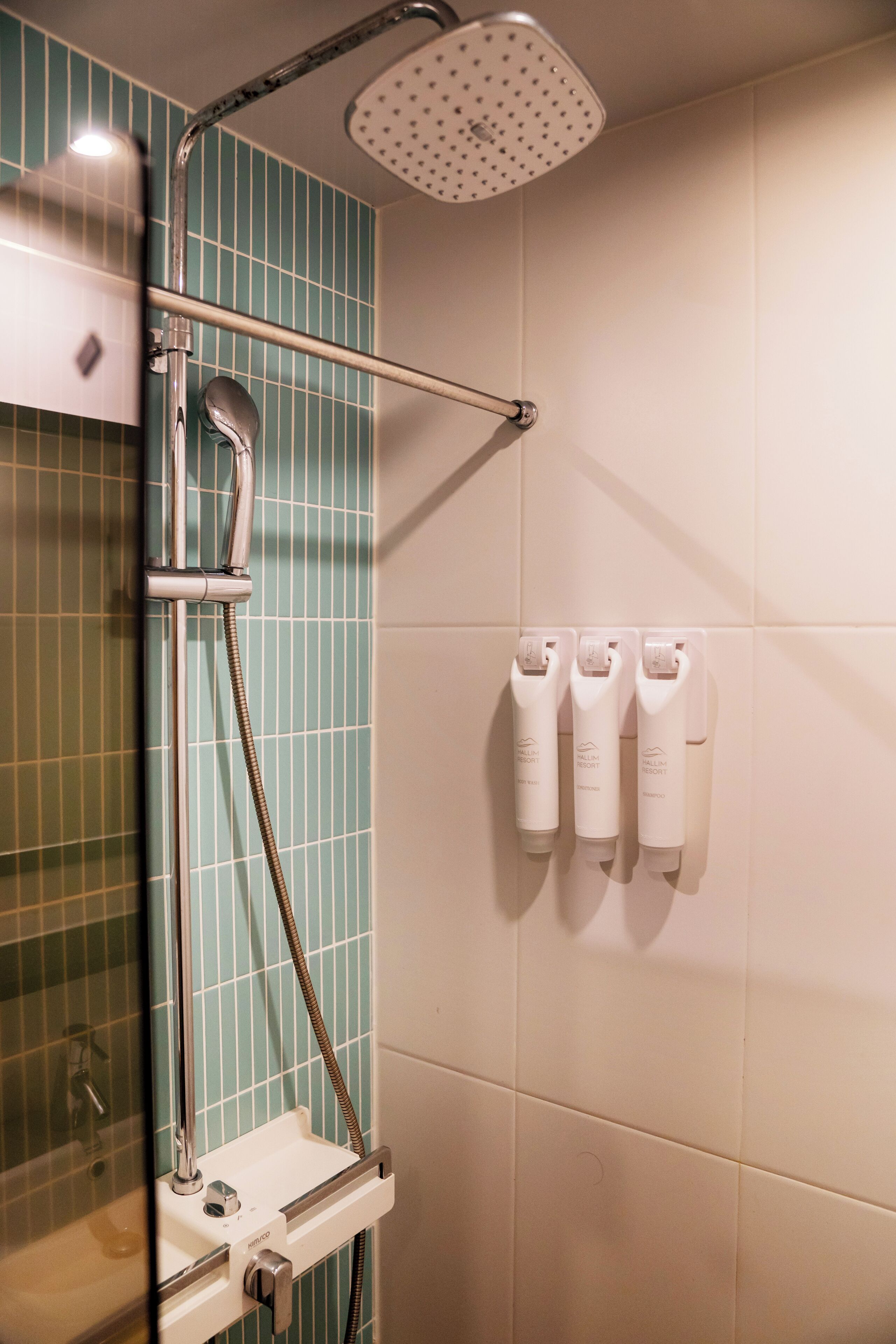 A shower area with a handheld showerhead, a fixed showerhead, and a control panel.