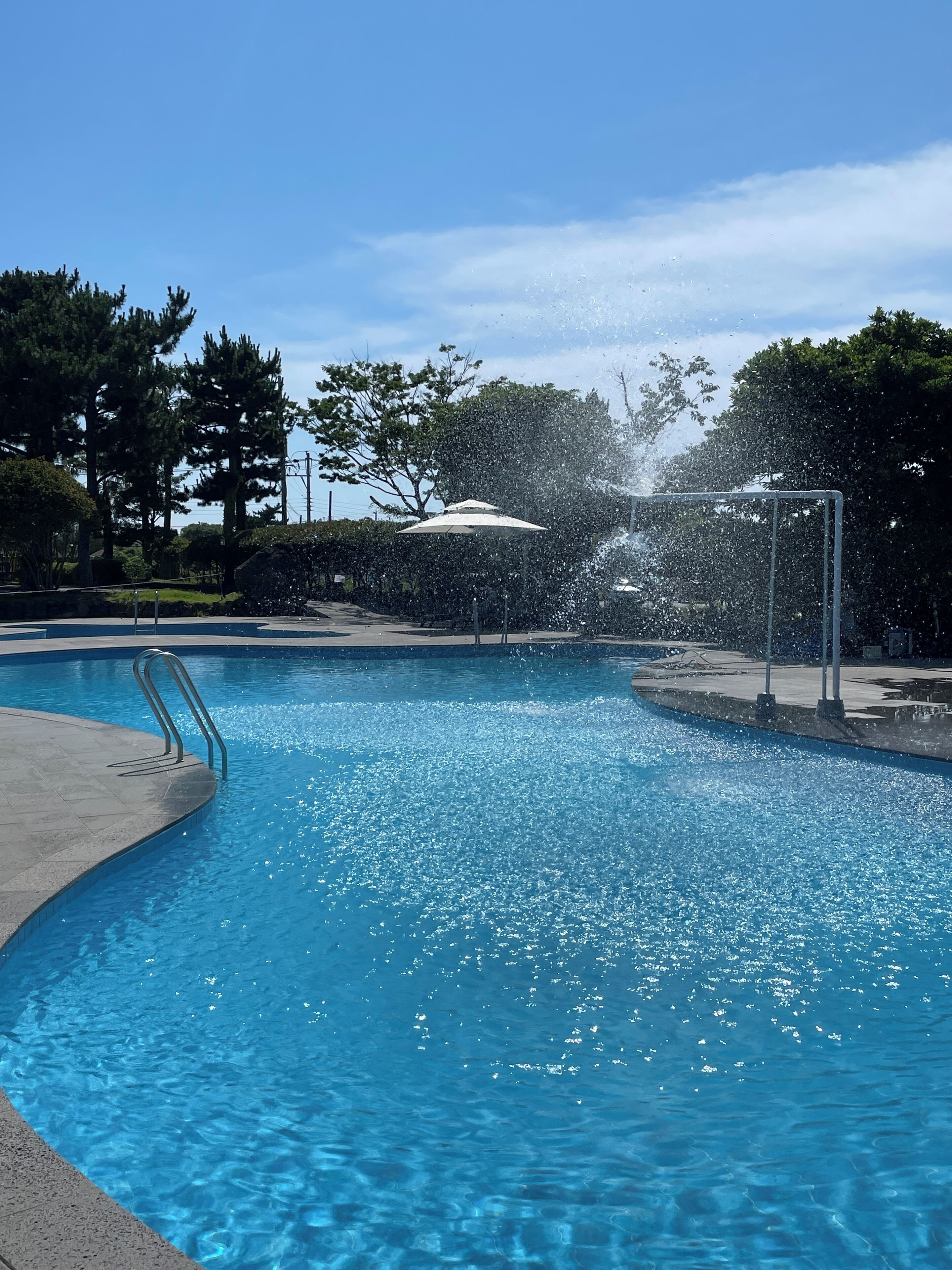 seasonal outdoor pool, pool umbrellas, pool loungers