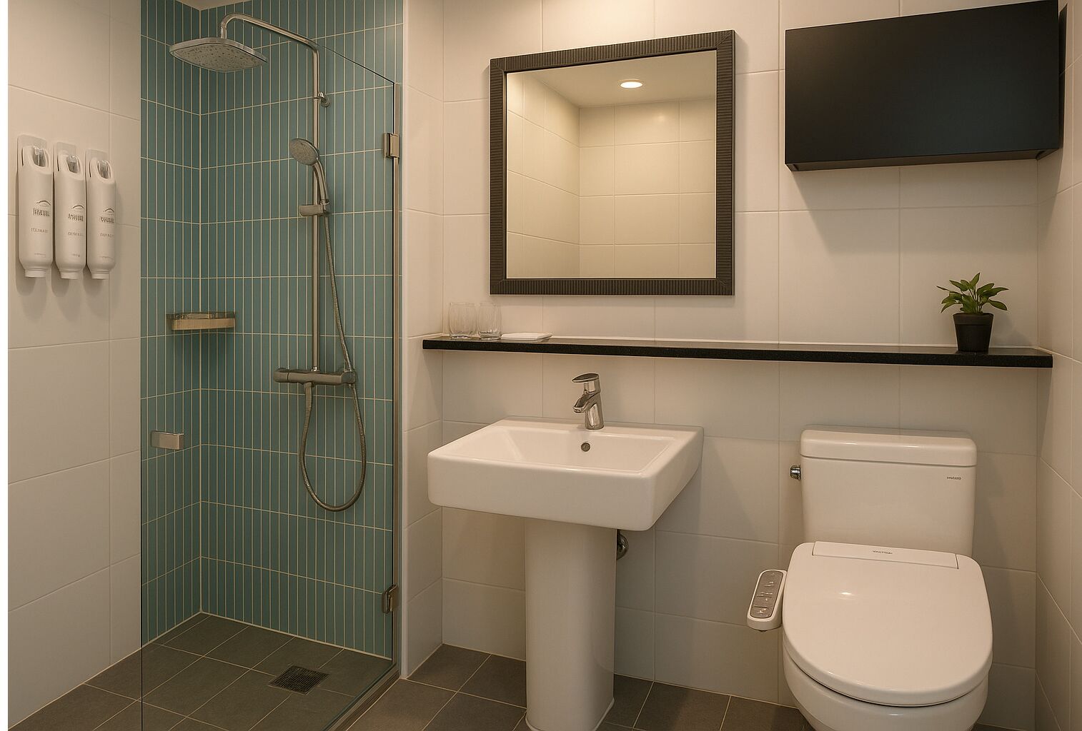 A bathroom with a shower, sink, and toilet, featuring teal tiles and a black shelf.