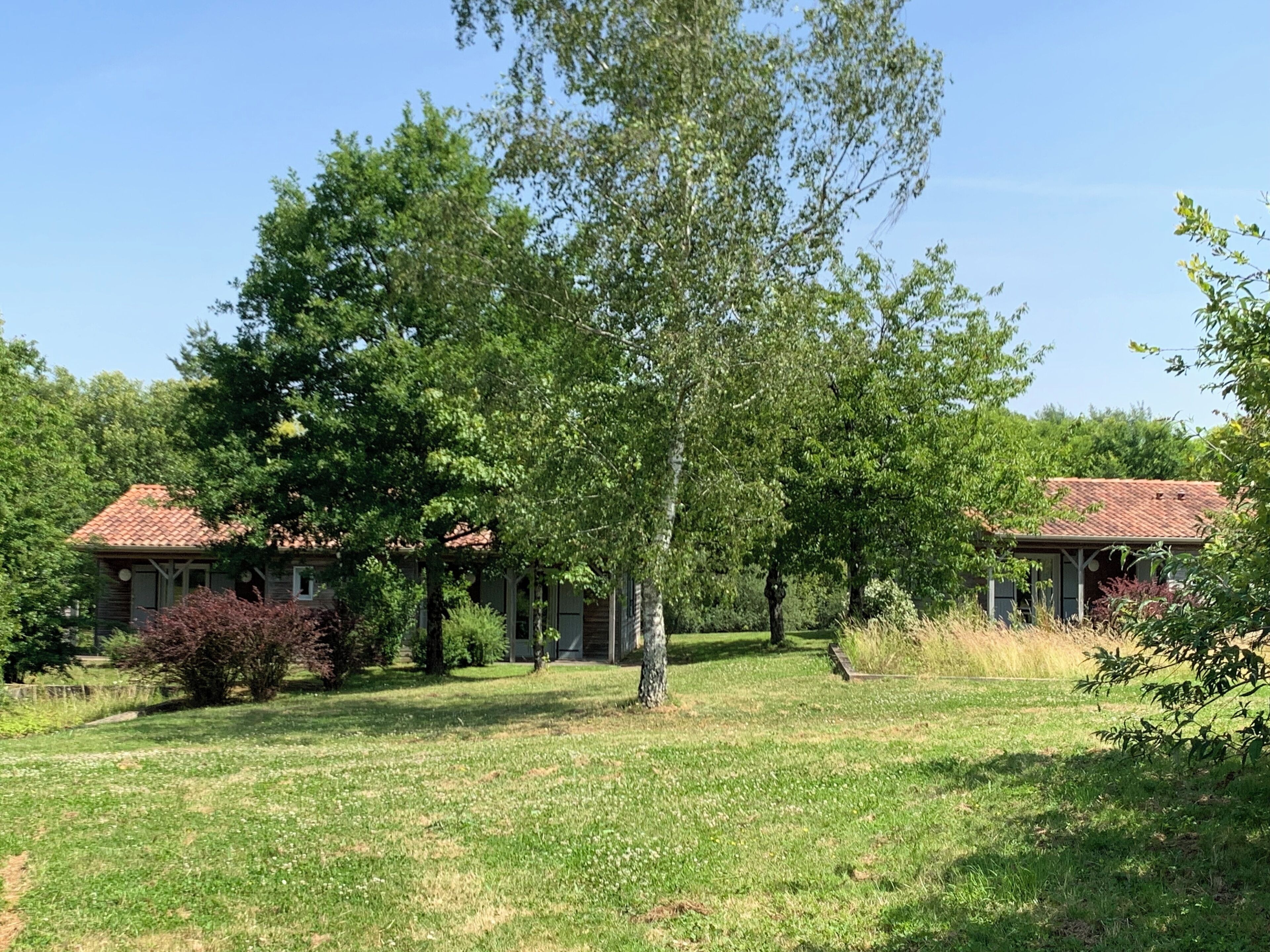 Ett bostadsområde med två hus, båda med röda tegeltak och omgivna av frodig grönska.