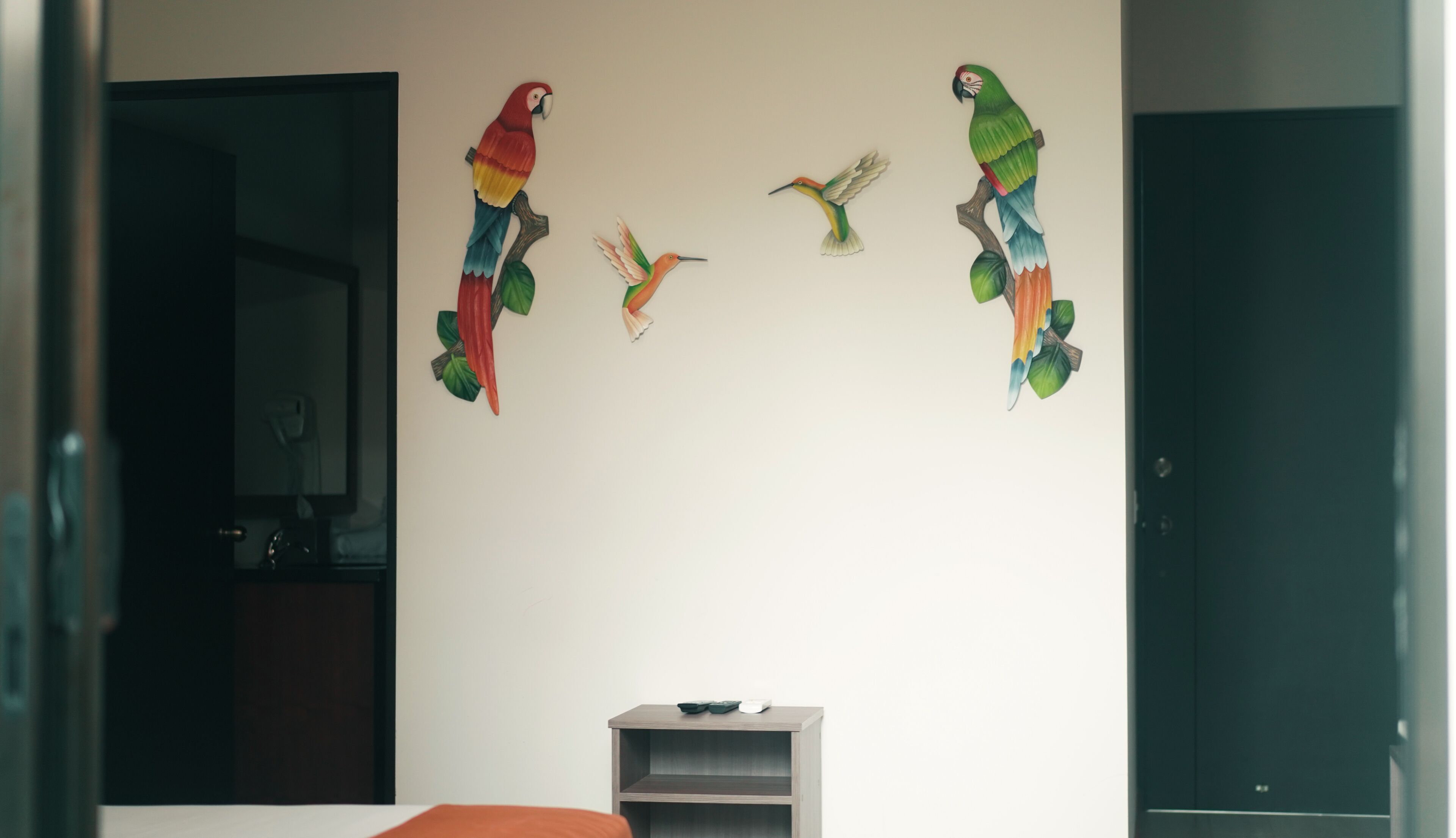 A room with a bed, a small table, and wall art of parrots and a hummingbird.
