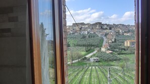 Una habitación con un amplio ventanal que da a viñedos y un pueblo en la ladera.