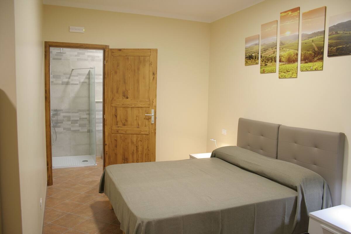 Un dormitorio con cama, puerta de madera y zona de ducha.
