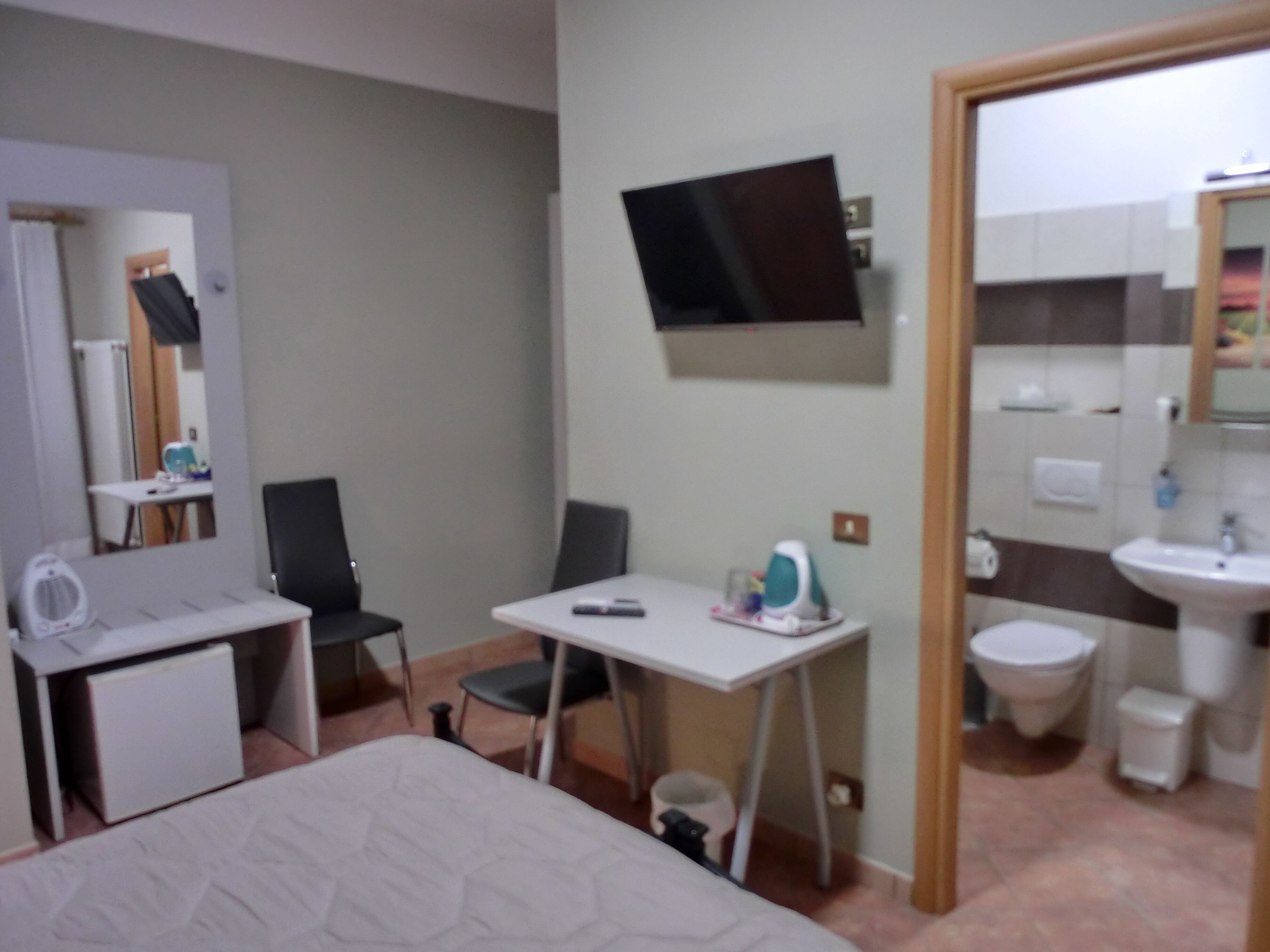 A hotel room with a bed, a desk, a chair, a TV, a mirror, a sink, and a toilet.